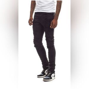 Smoke Rise Man's Distressed Rip & Repair Jeans Black Moto Streetwear Size 40x32